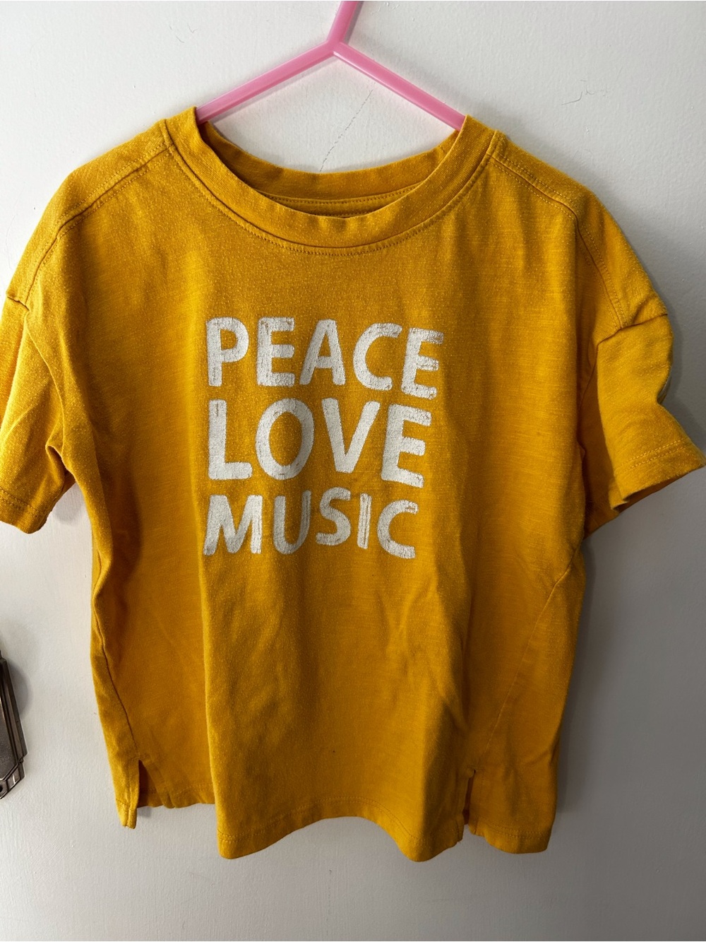 Cat & Jack Mustard Yellow "PEACE LOVE MUSIC" Short Sleeve Tee